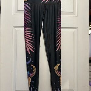 Teeki Black Leggings with Pink and Gold Feather Design